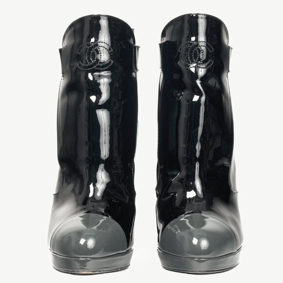 Chanel Black Patent Leather Cap-Toe Platform Booties - Picture 2 of 11
